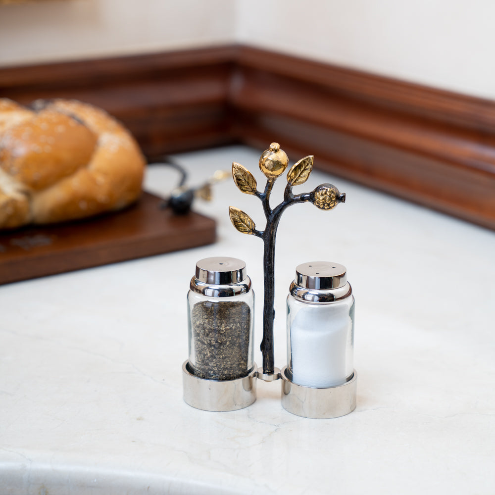 Glass Salt and Pepper Shaker Set with Pomegranate Branch Holder