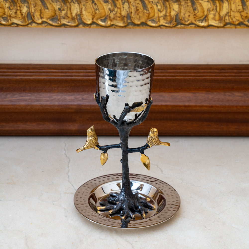 Tree of Life Kiddush Cup – Gold Accent Leaves and Birds with Saucer