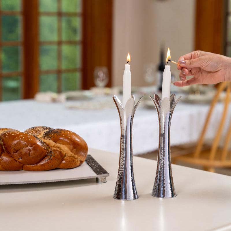 Hammered Pillar Shabbat Candle Holders – Flower Petals