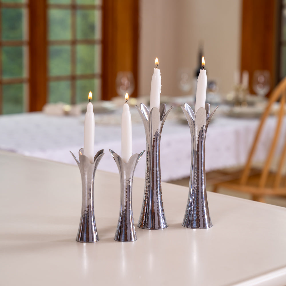 Hammered Pillar Shabbat Candle Holders – Flower Petals