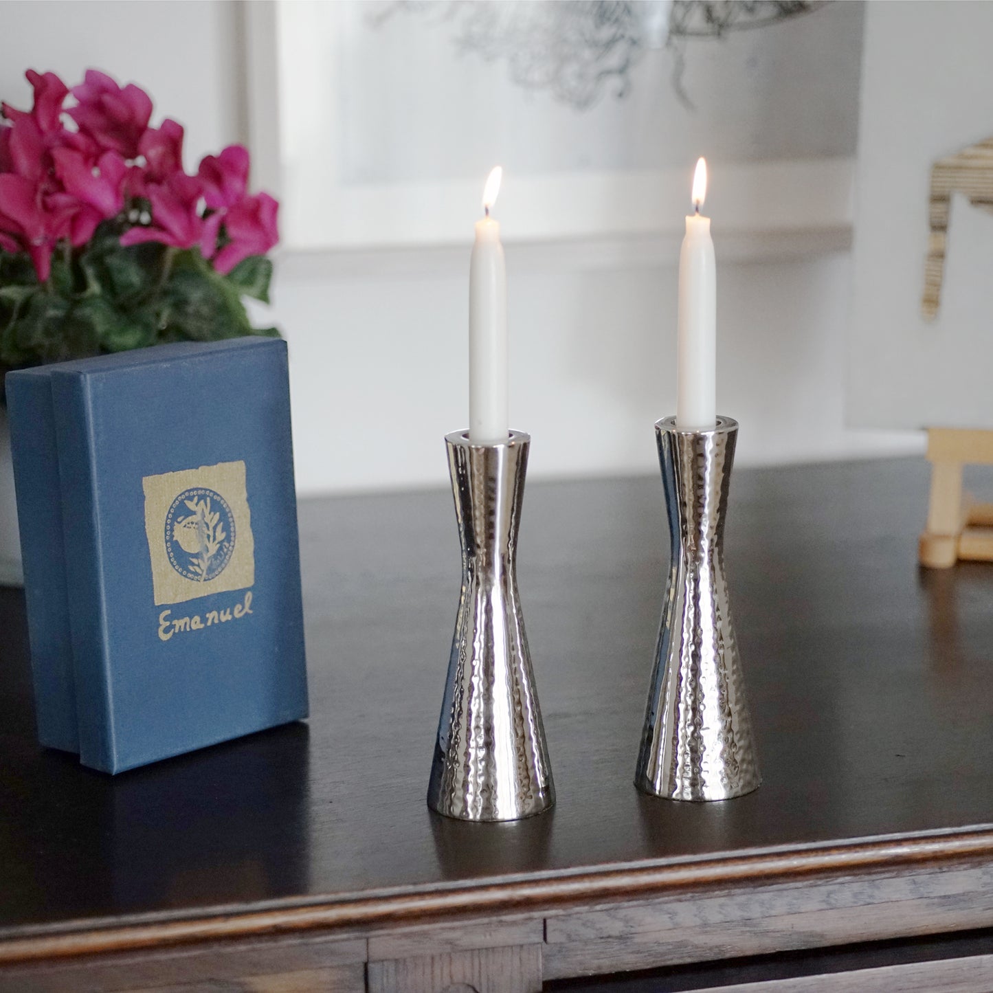 Hammered Pillar Shabbat Candlestick Holders – Tapered Design