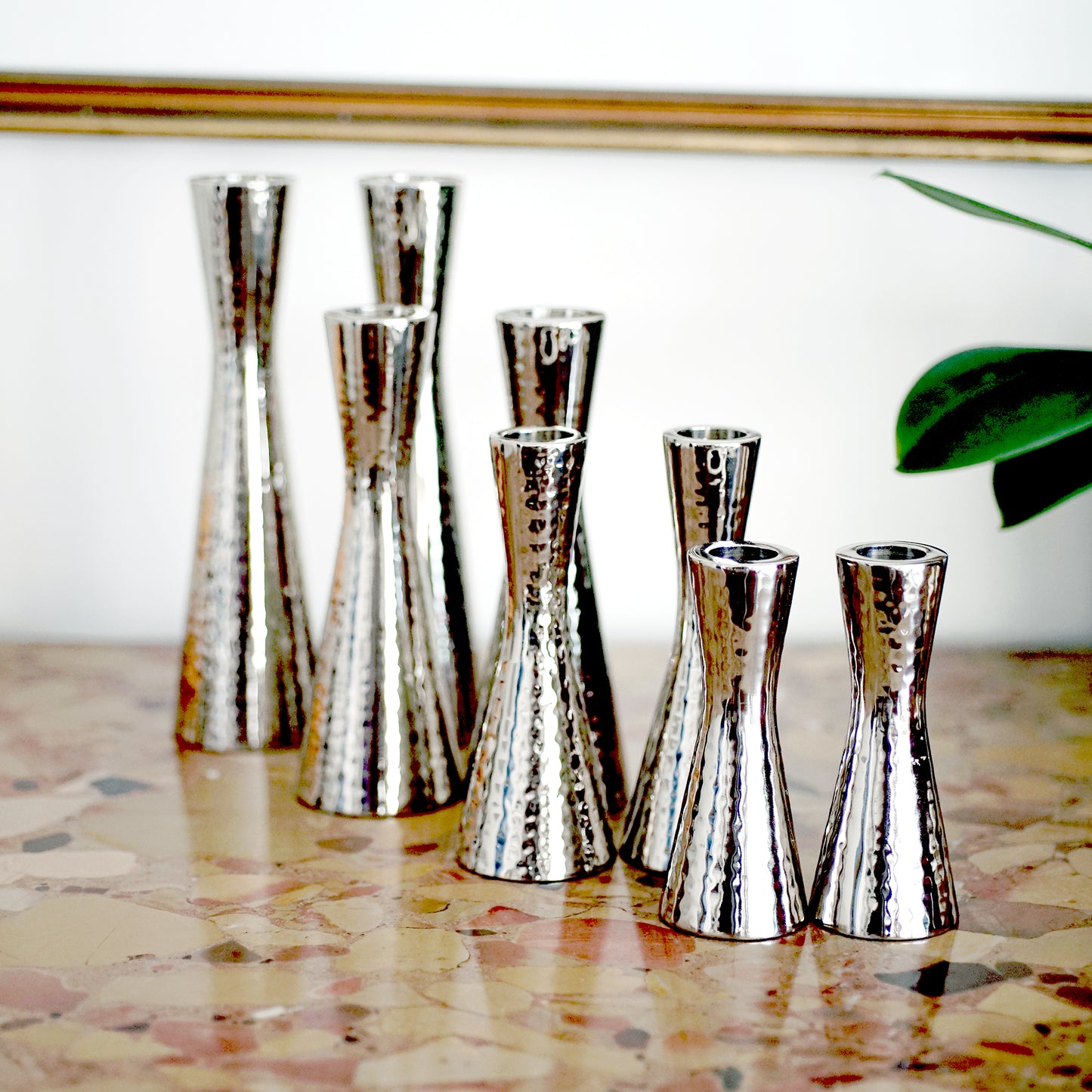 Hammered Pillar Shabbat Candlestick Holders – Tapered Design