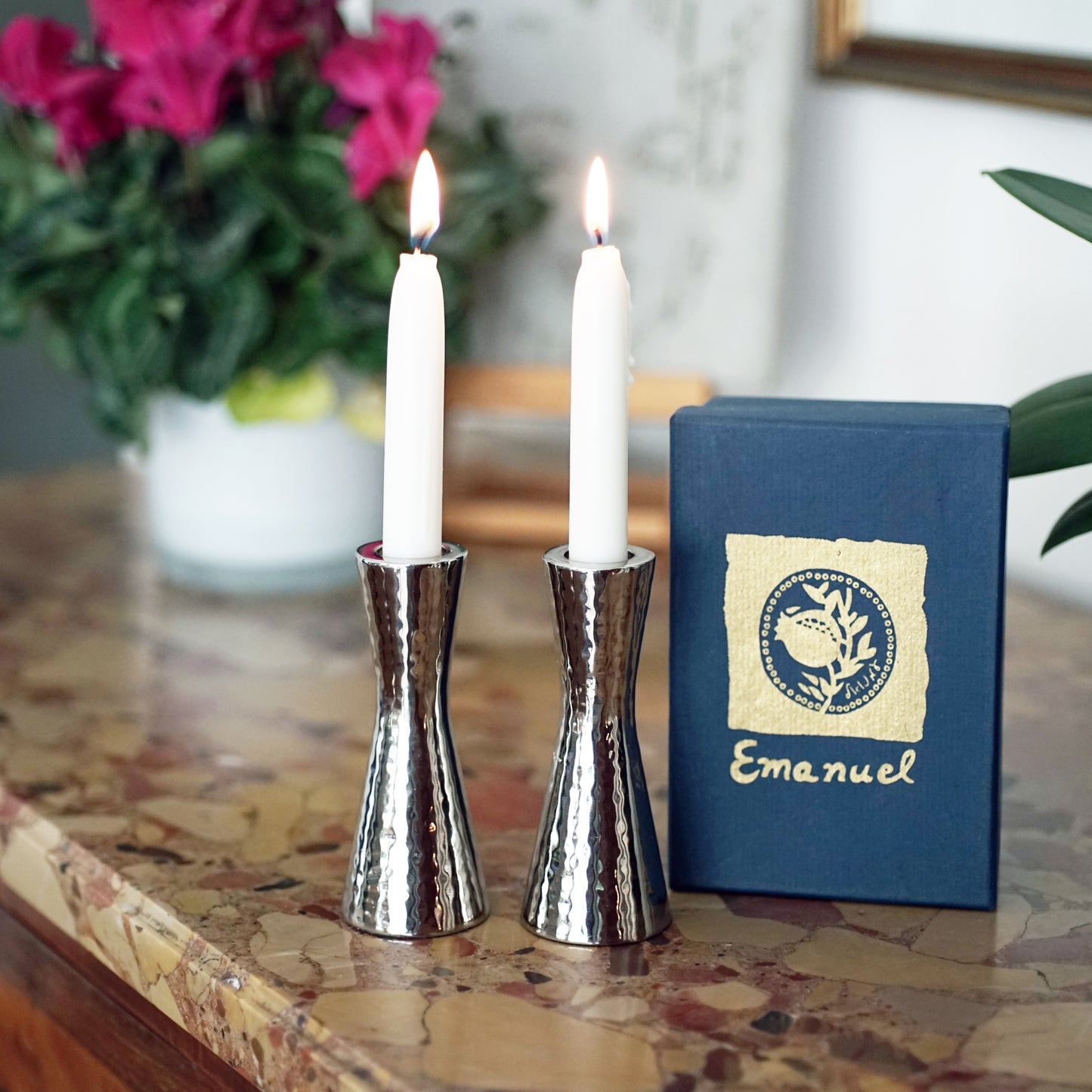 Hammered Pillar Shabbat Candlestick Holders – Tapered Design