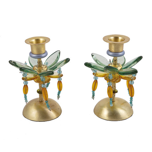 Floral Pillar Shabbat Candle Holders with beads – 5.5" Brass & Resin