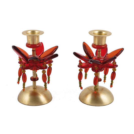 Floral Pillar Shabbat Candle Holders with beads – 5.5" Brass & Resin - Red