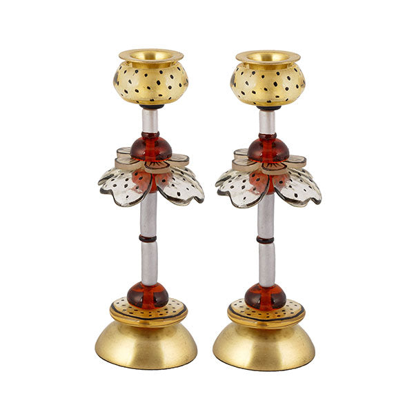 Floral Pillar Shabbat Candle Holders – 8.3" Brass & Resin