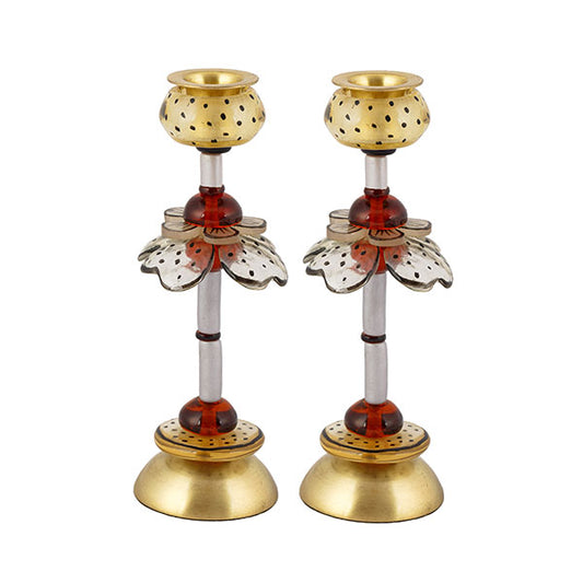 Floral Pillar Shabbat Candle Holders – 8.3" Brass & Resin