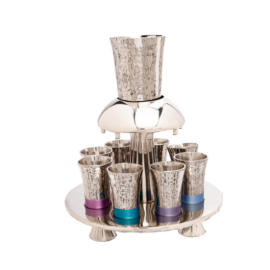 Hammered Kiddush Fountain Set – 8 Cups with Colorful Aluminum Rings