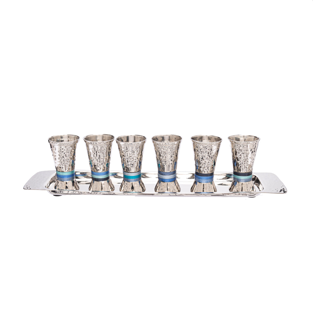 Kiddush Cup Set with Tray – Multicolored Rings - Shades of Blue