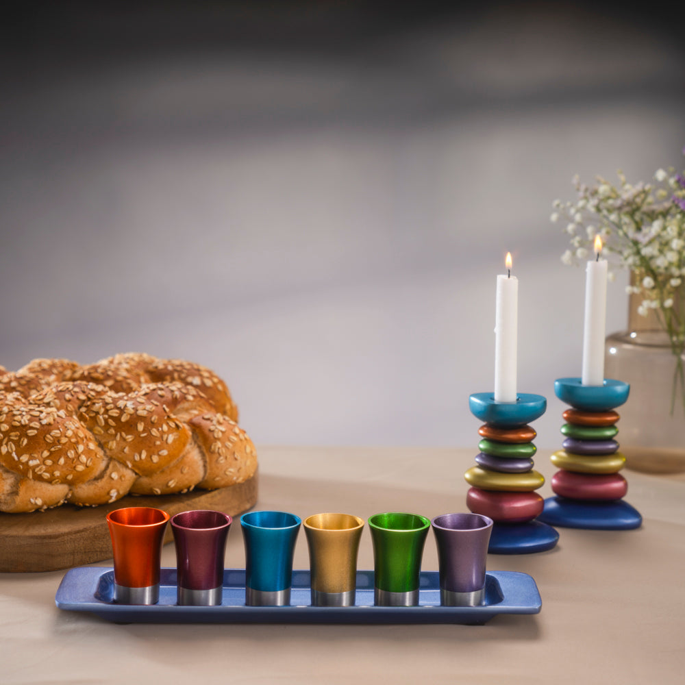 Anodized Aluminum Kiddush Cup Set – 6 Cups with Tray