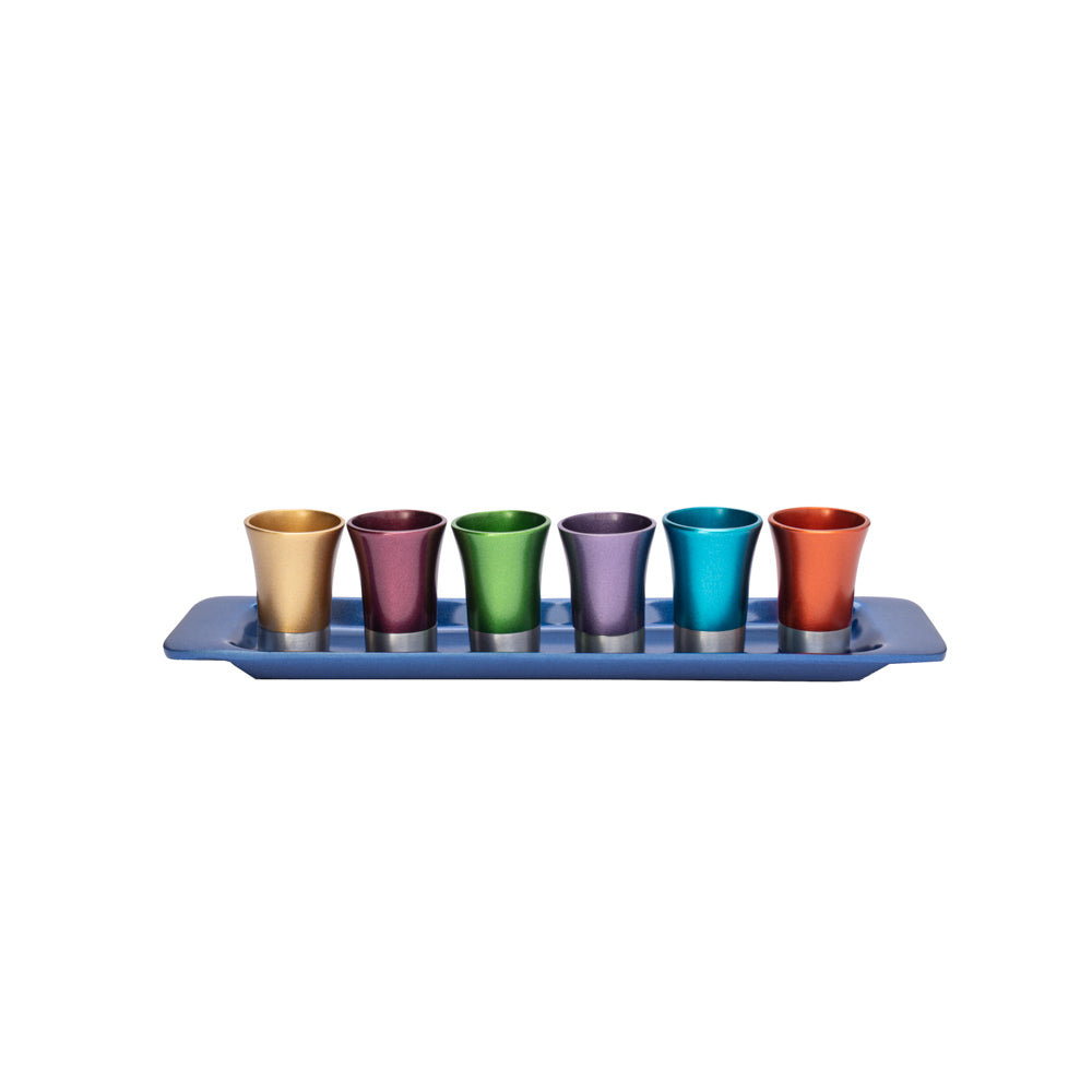 Anodized Aluminum Kiddush Cup Set – 6 Cups with Tray