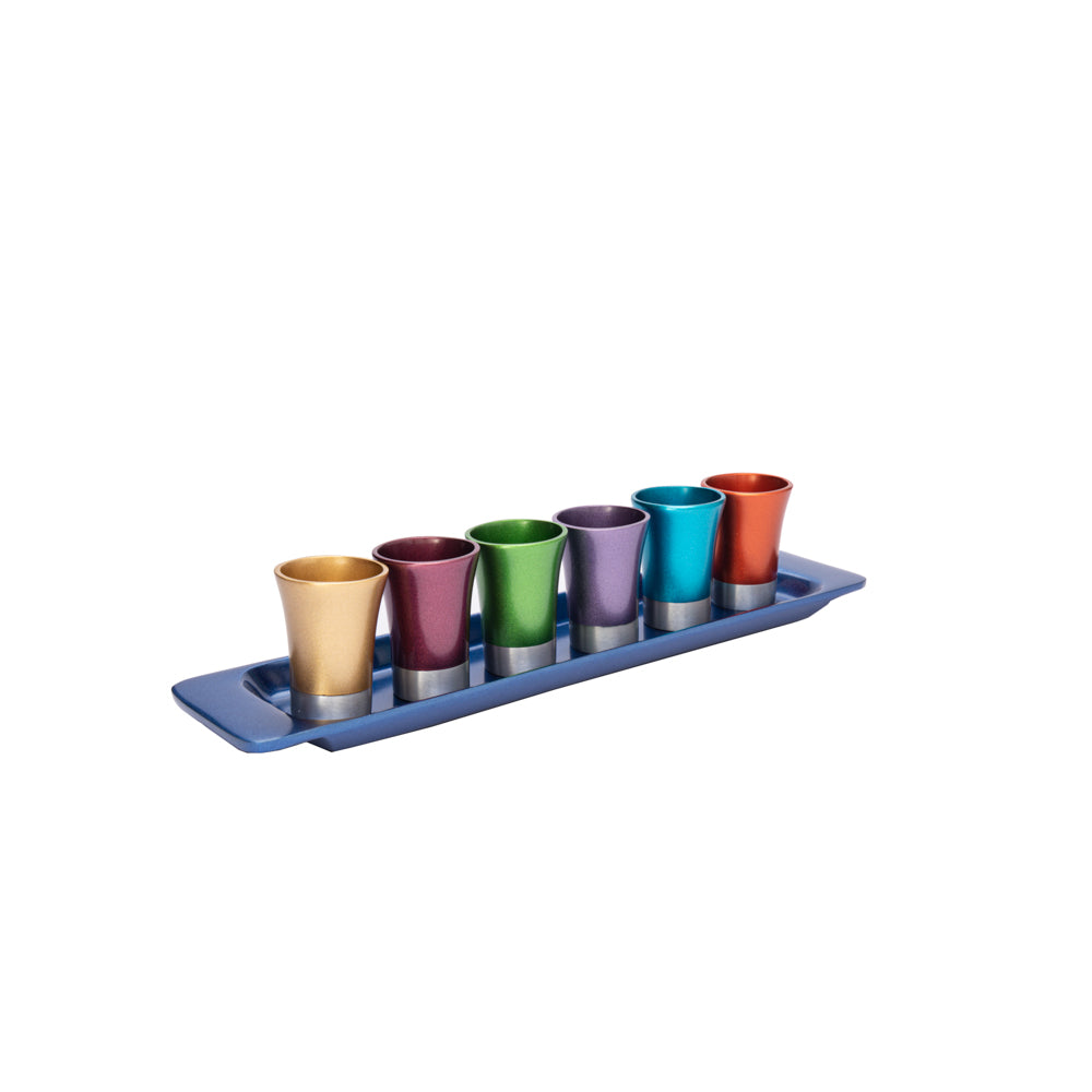 Anodized Aluminum Kiddush Cup Set – 6 Cups with Tray