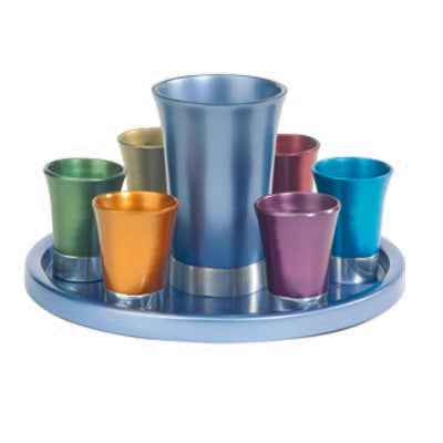 Anodized Aluminum Kiddush Cup Set – 6 Cups with Round Tray