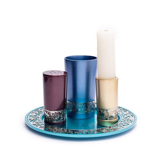 Havdalah Set – Multi-Color Anodized Aluminum Filigree Bezel