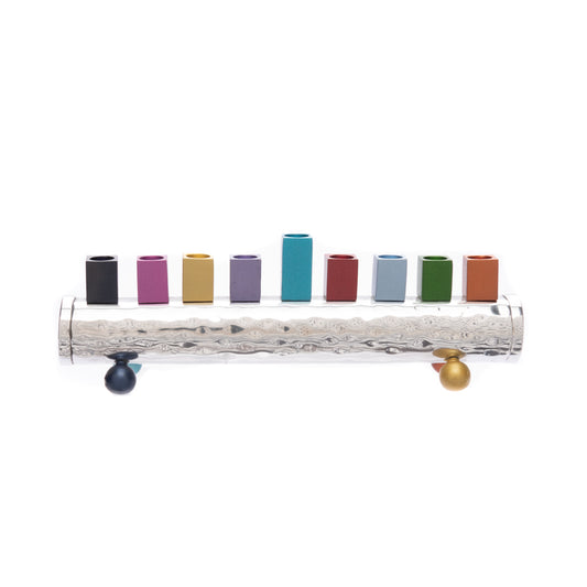 Hanukkah Menorah - Hammered Round Strip Multicolor Candle holders