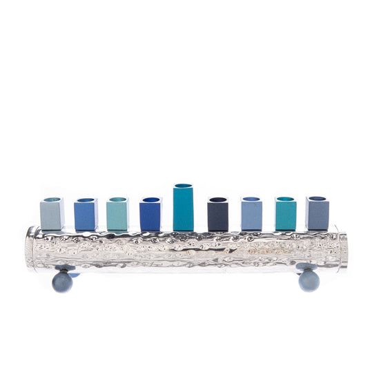 Hanukkah Menorah - Hammered Round Strip Multicolor Candle holders - Shades of Blue
