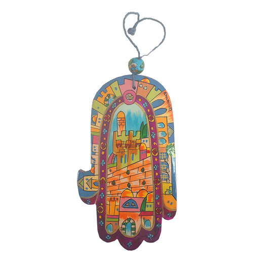 Hand-Painted Wooden Hamsa - Jerusalem Design