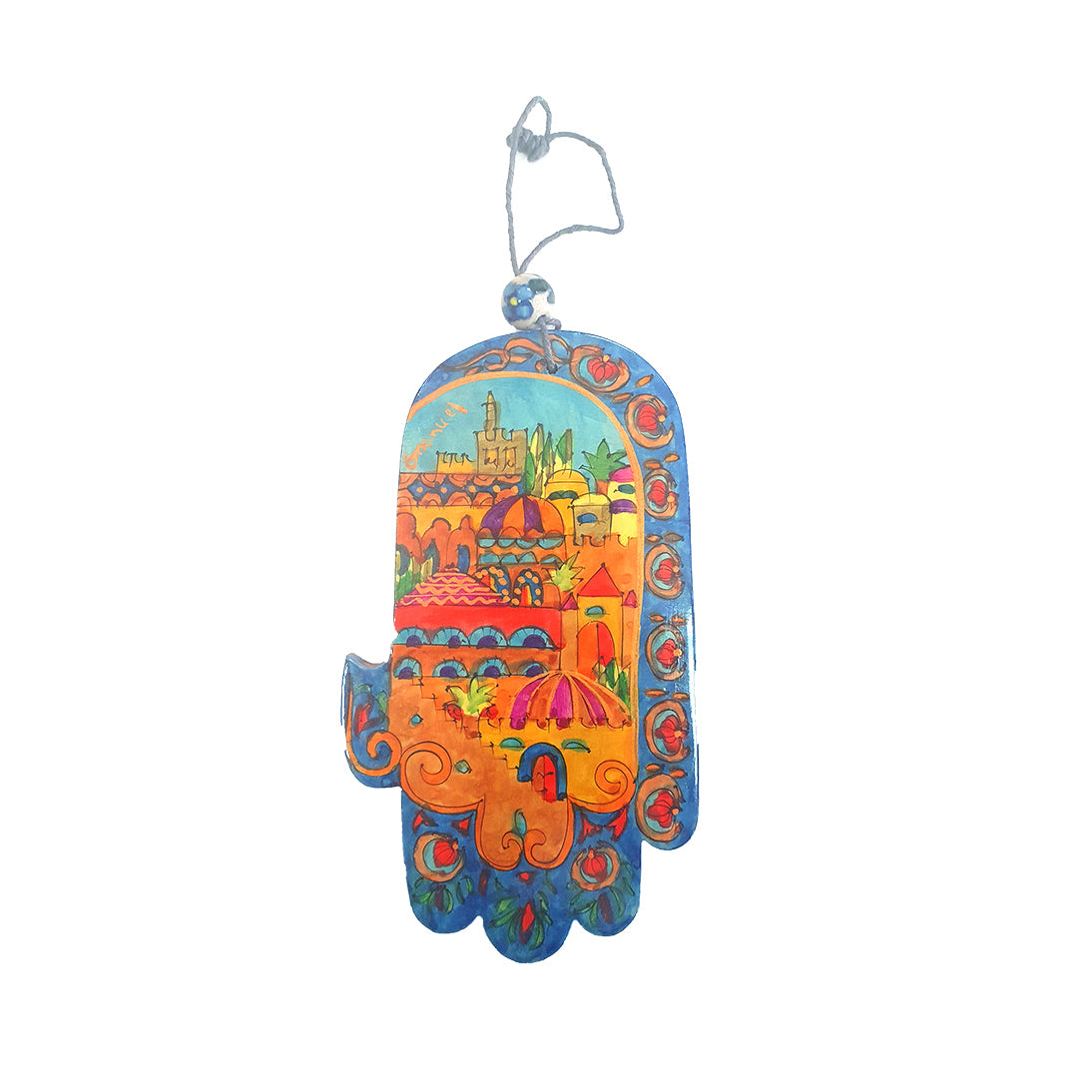 Hand-Painted Wooden Hamsa - Jeruslaem Buildings