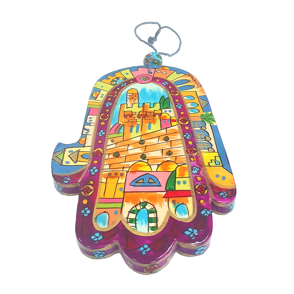 Hand-Painted Wooden Hamsa - Jerusalem Design