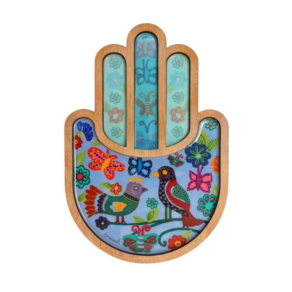 Modern Hamsa Wall Hanging - Colorful Enamel  9 Inch - Birds