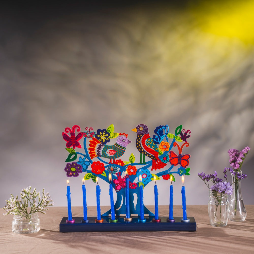 Hanukkah Menorah - Colorful Lazer-Cut Birds and Butterflies