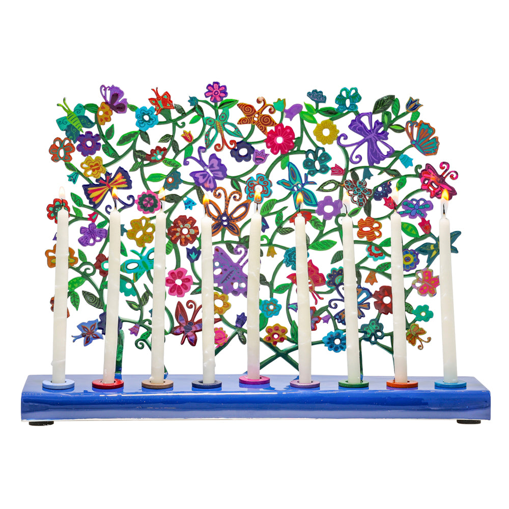 Hanukkah Menorah - Colorful Lazer-Cut Birds and Flowers