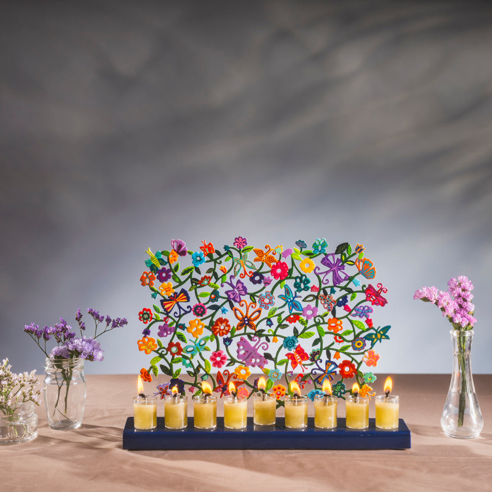 Hanukkah Menorah - Colorful Lazer-Cut Birds and Flowers