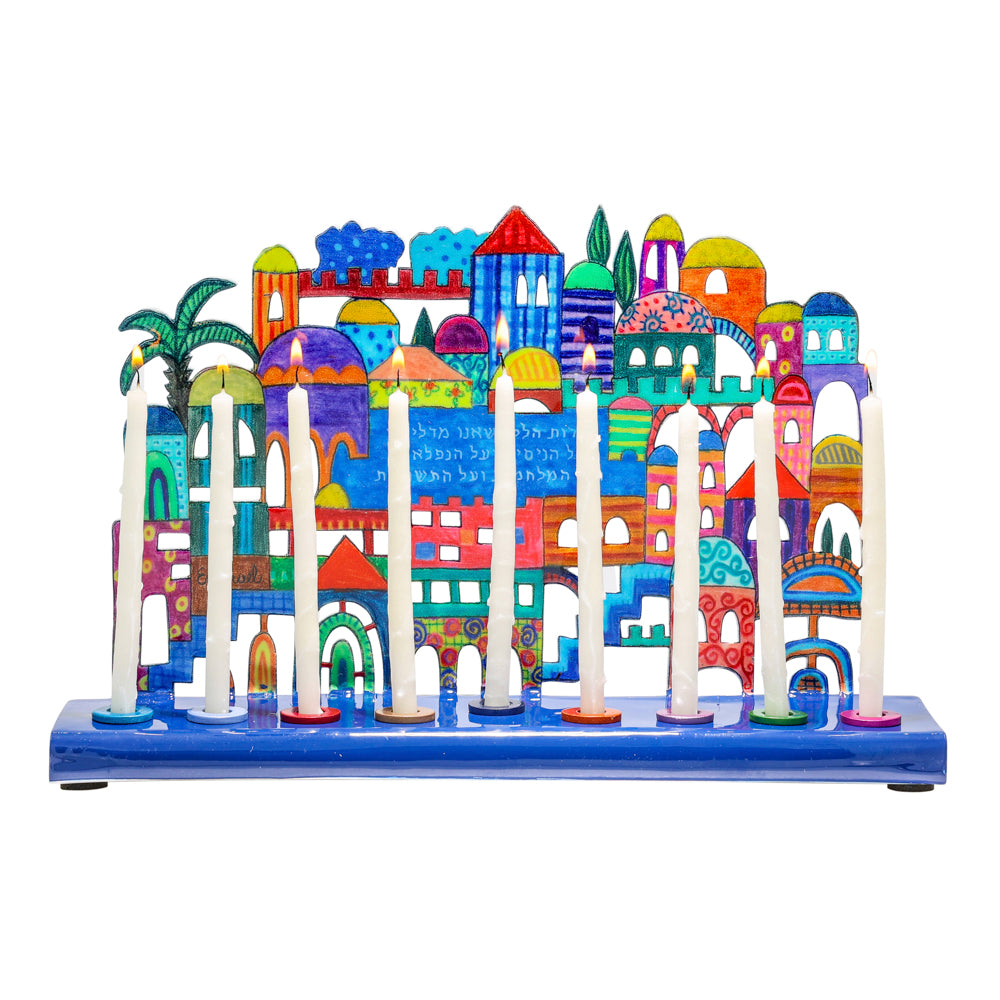 Hanukkah Menorah - Colorful Lazer-Cut Jerusalem