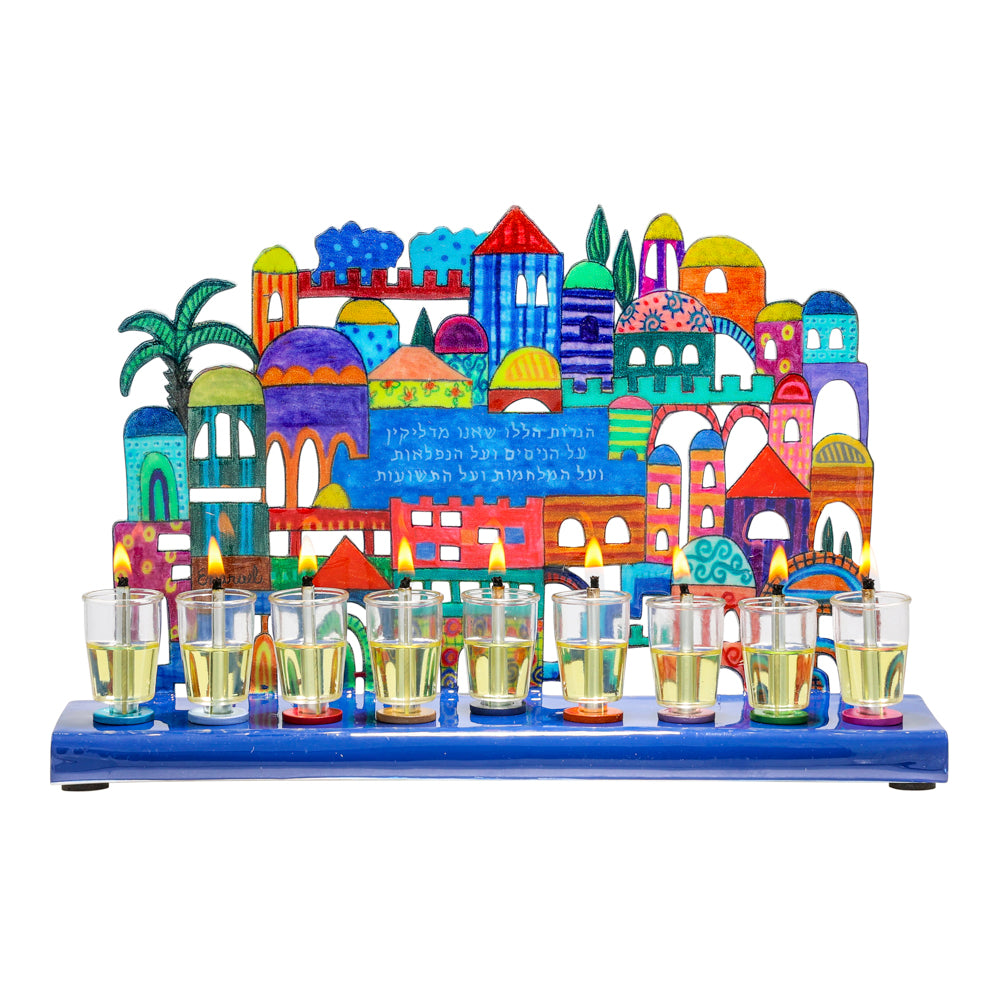 Hanukkah Menorah - Colorful Lazer-Cut Jerusalem