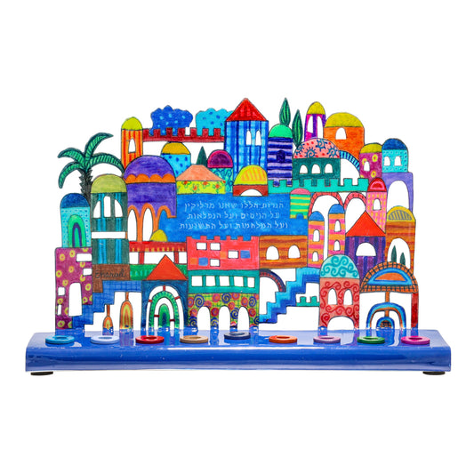 Hanukkah Menorah - Colorful Lazer-Cut Jerusalem