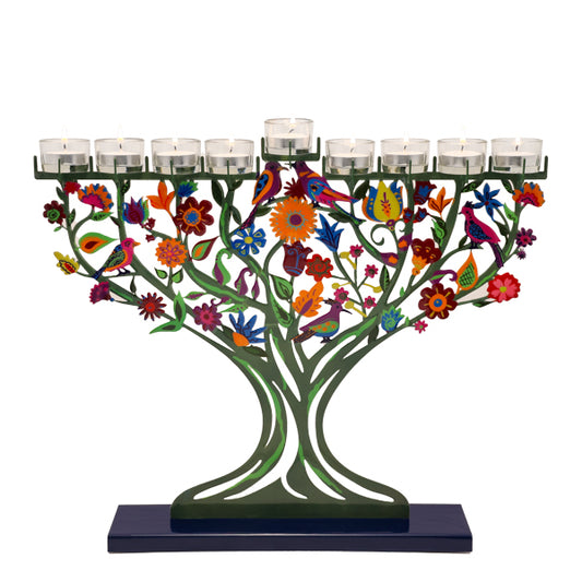 Large Hanukkah Menorah - Tree of Life with Hand-Painted Birds & Flowers