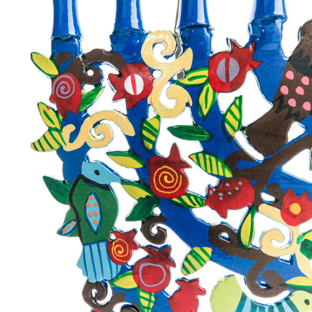 Blue Hanukkah Menorah  Hand-Painted Birds & Pomegranates