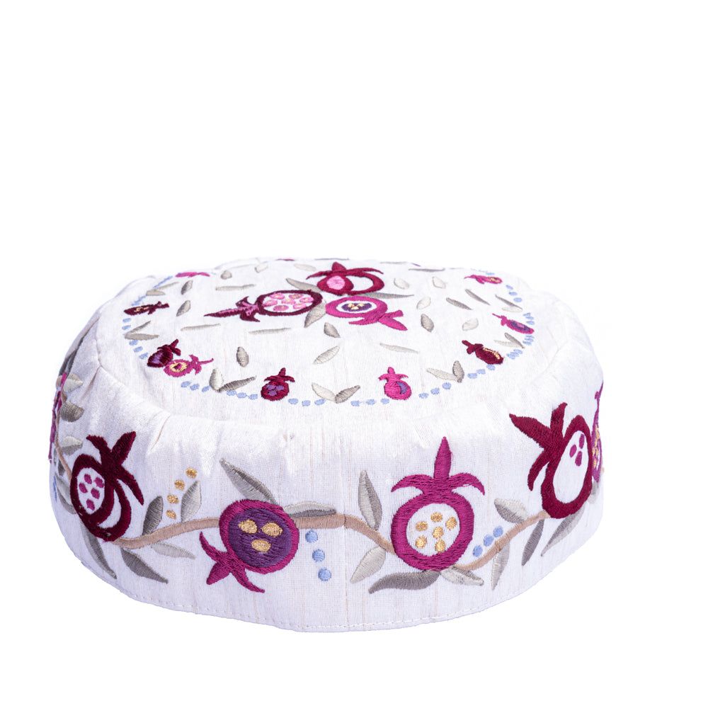 Bukharian Kippah with Embroidered Pomegranate Design - White