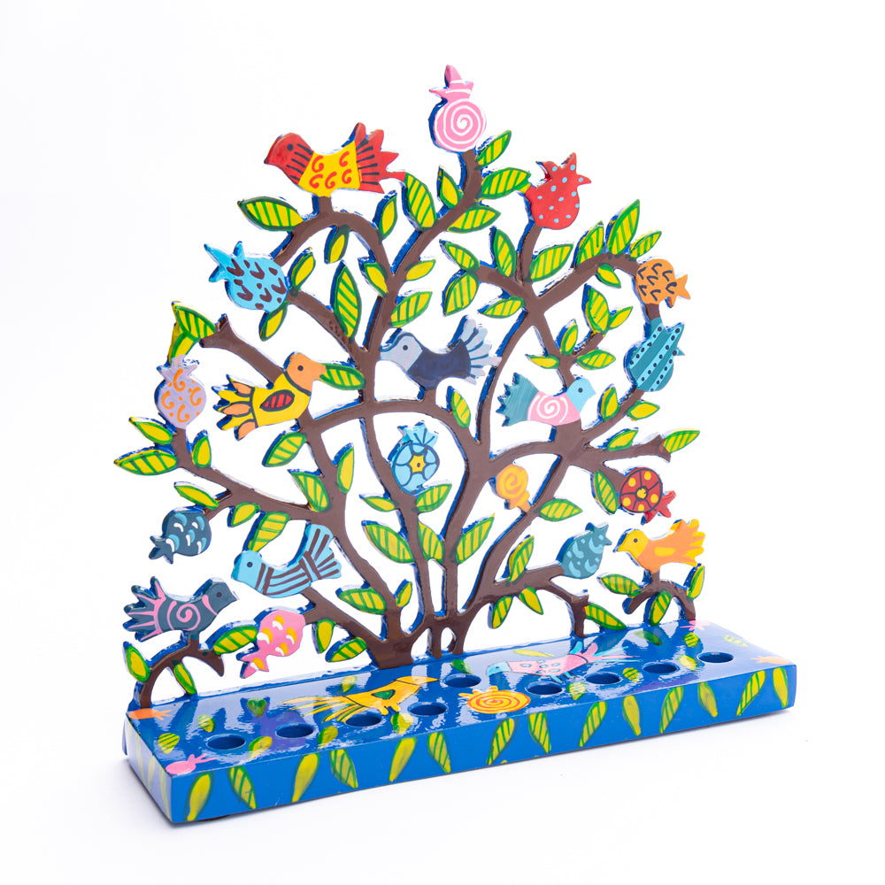 Laser-Cut Hanukkah Menorah Tree of Life Menorah with Birds and Pomegranates