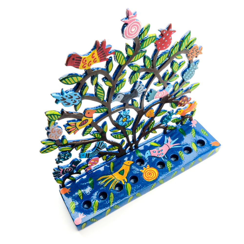 Laser-Cut Hanukkah Menorah Tree of Life Menorah with Birds and Pomegranates