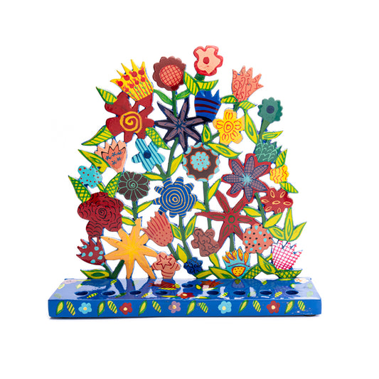 Laser-Cut Hanukkah Menorah Hand-Painted Floral Pattern