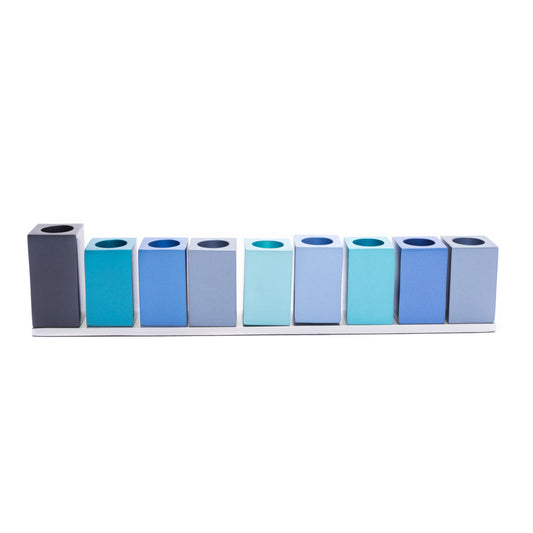 Hanukkah Menorah with Assembled Colorful Candleholders - Shades of Blue