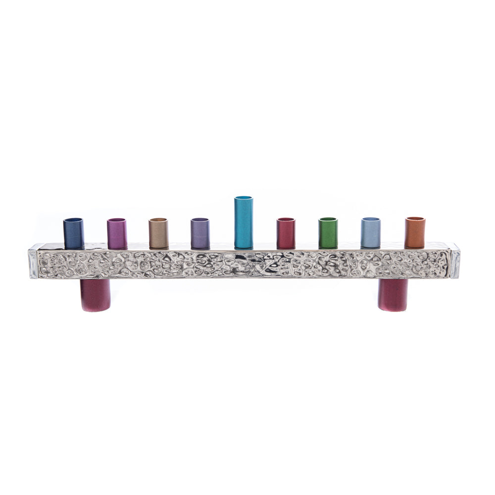 Hanukkah Menorah with Hammered Base and Multicolored Candleholders