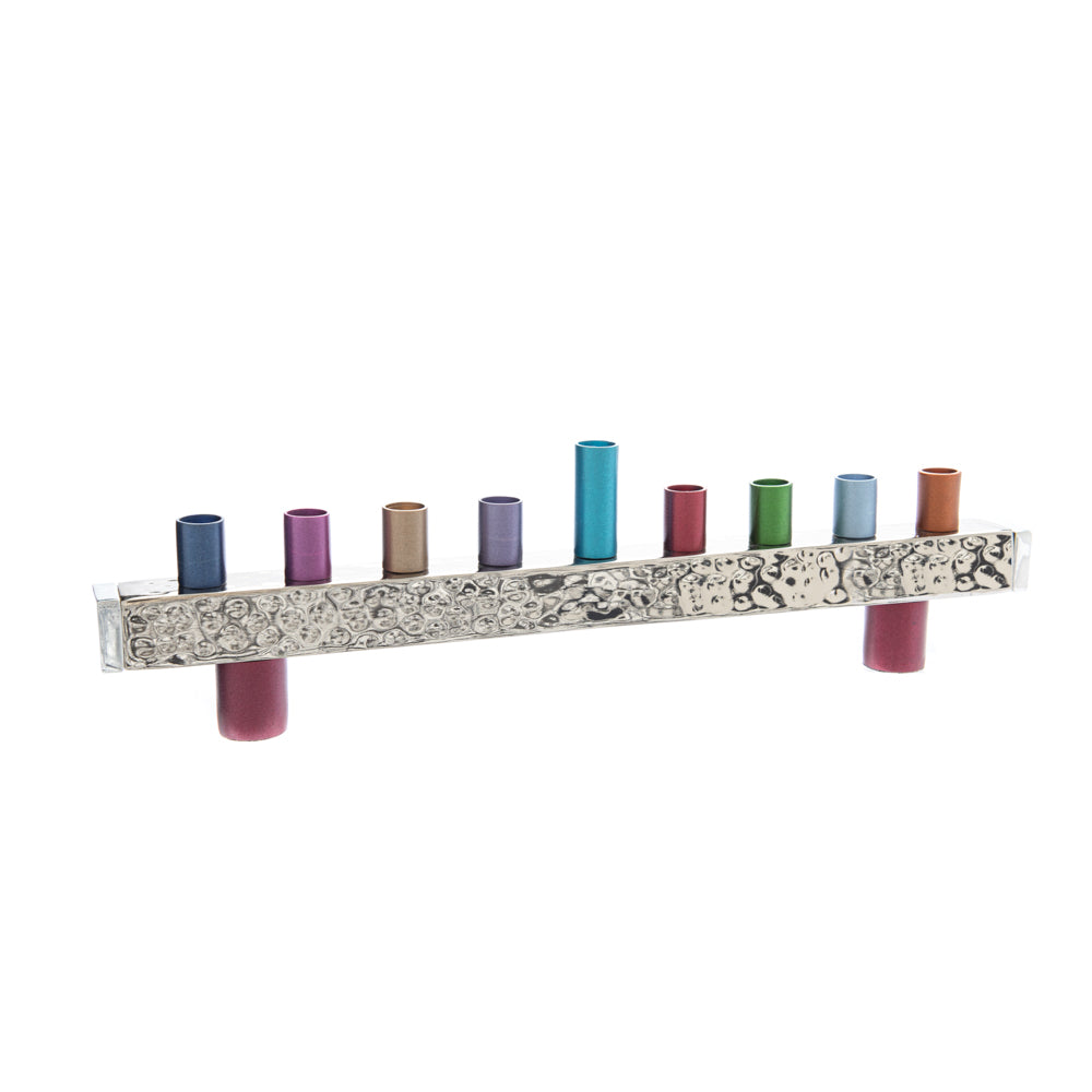 Hanukkah Menorah with Hammered Base and Multicolored Candleholders