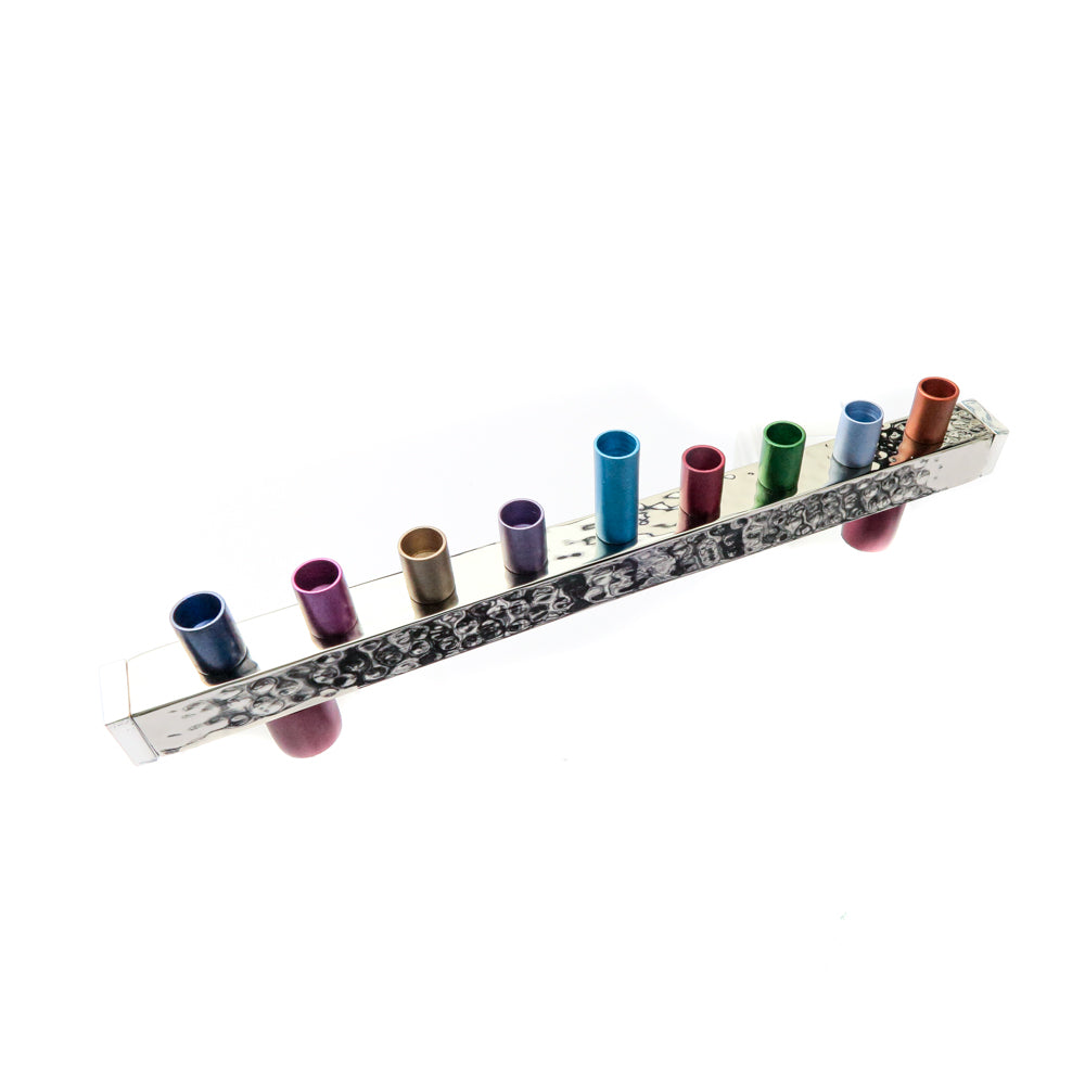 Hanukkah Menorah with Hammered Base and Multicolored Candleholders