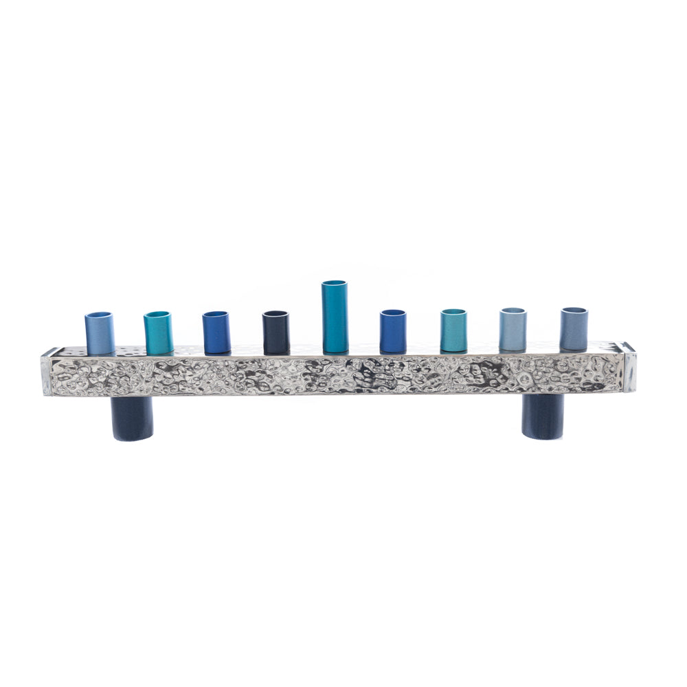 Hanukkah Menorah with Hammered Base and Multicolored Candleholders - Shades of Blue