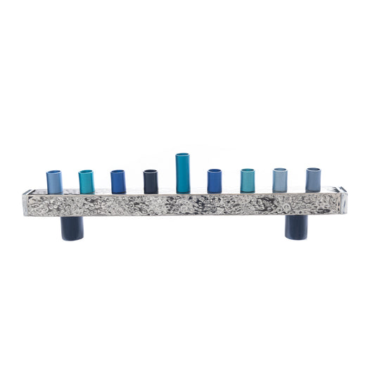 Hanukkah Menorah with Hammered Base and Multicolored Candleholders - Shades of Blue