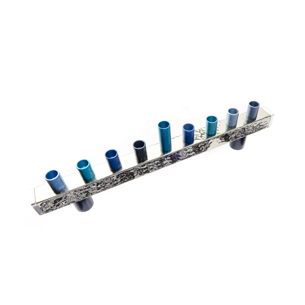 Hanukkah Menorah with Hammered Base and Multicolored Candleholders