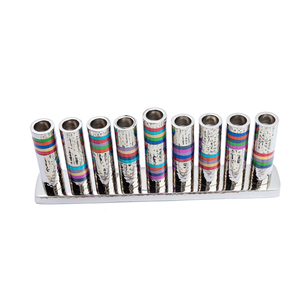 Yair Emanuel Hammered Pillar Hanukkah Menorah - Nickel with Colored Rings