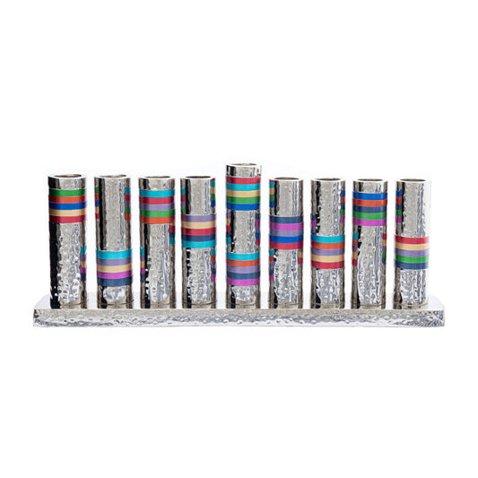 Yair Emanuel Hammered Pillar Hanukkah Menorah - Nickel with Colored Rings - Multicolor