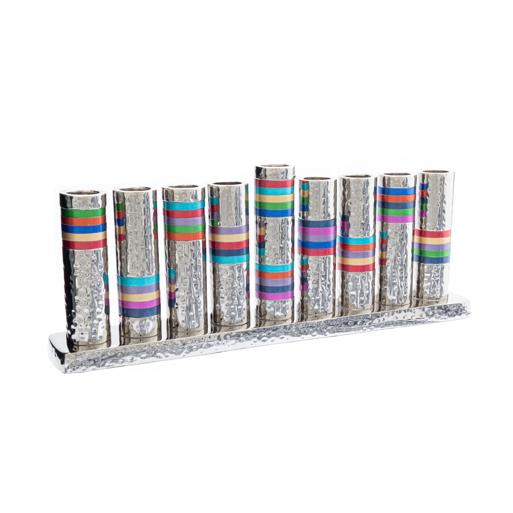 Yair Emanuel Hammered Pillar Hanukkah Menorah - Nickel with Colored Rings