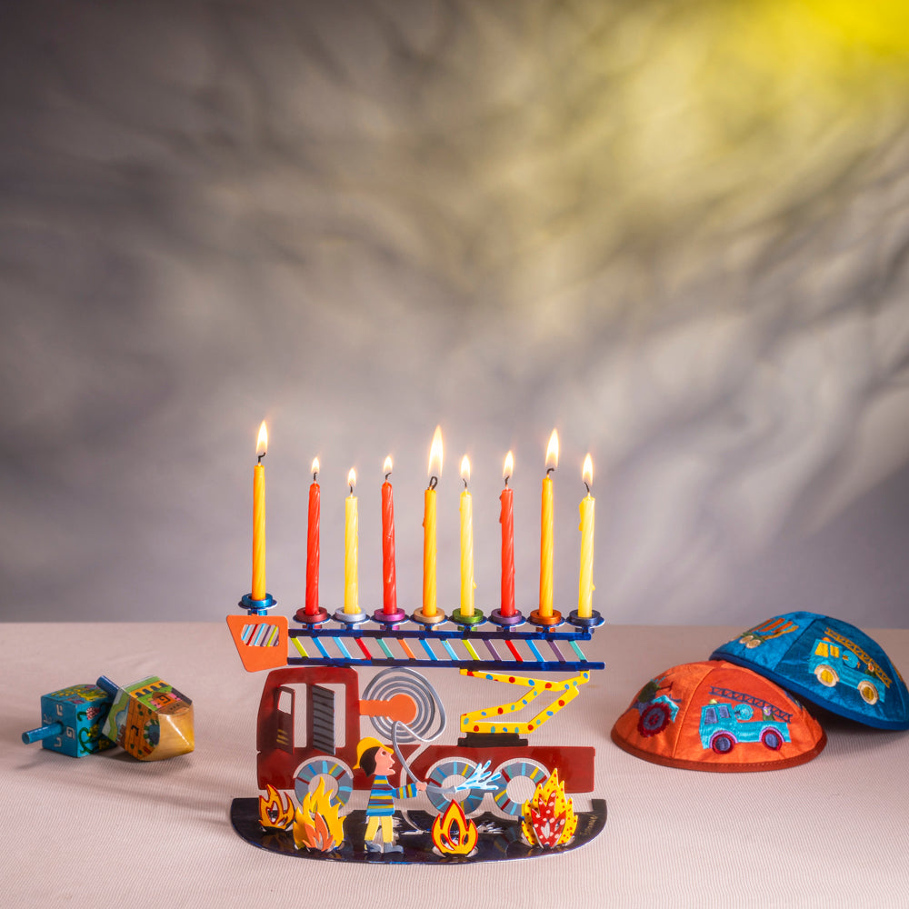 Hanukkah Menorah - Hand Painted Fire Truck Design