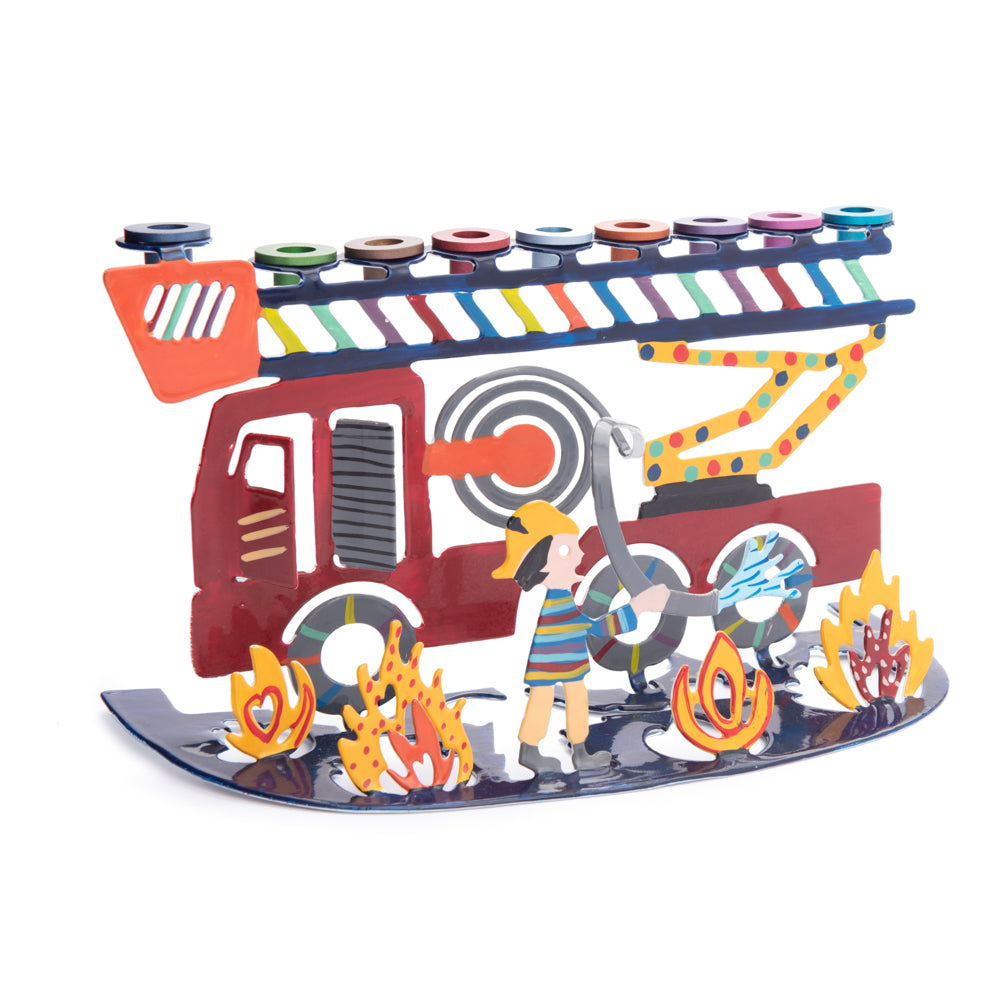 Hanukkah Menorah - Hand Painted Fire Truck Design