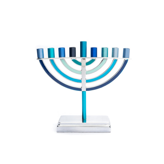 Hanukkah Menorah Classic Style with Colored Branches - Shades of Blue, Small (6 Inch)