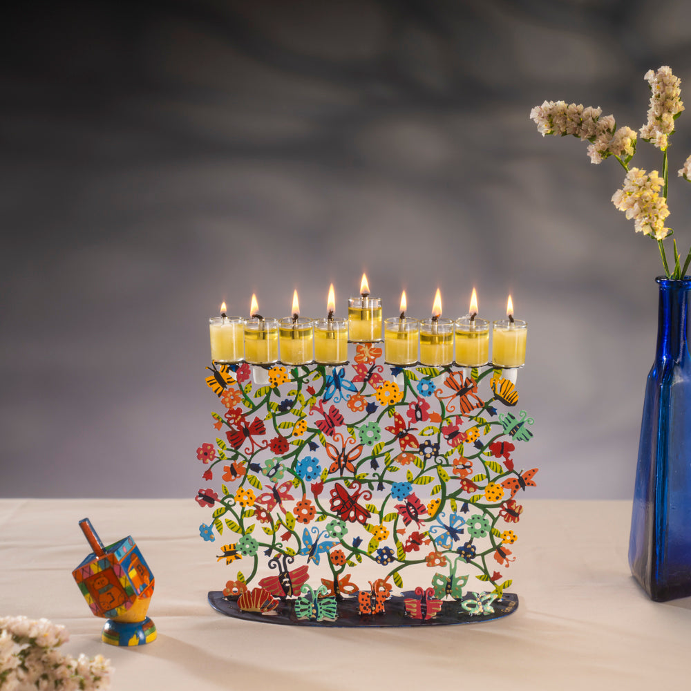 Hanukkah Menorah Hand Painted Flowers and Butterflies